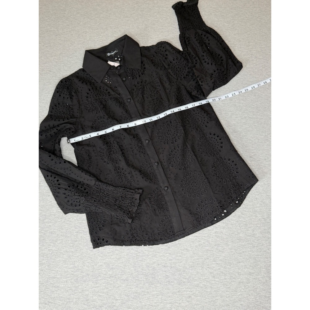 NWT PrettyGarden Black Eyelet Embroidery Button Down Puff Sleeve sm - Picture 3 of 8